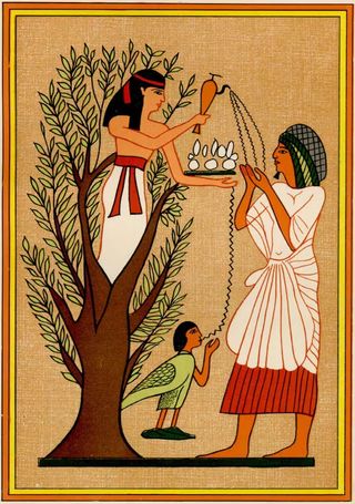 A person with long hair and a white skirt with a red belt rises from a tree to pour jagged black lines into the hands of a tall person in a white robe and headscarf and a bird with a human head.