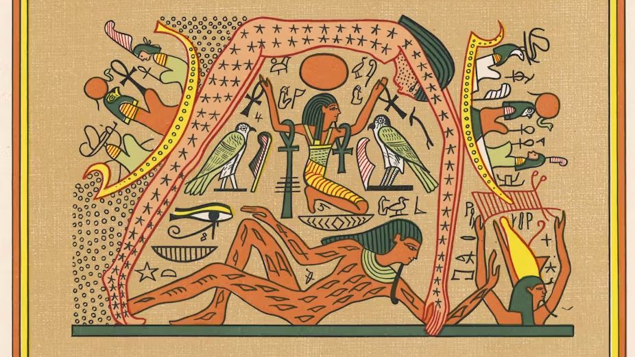 hieroglyphs depict a giant woman forming an arch above someone laying down and someone raising their arms next to two birds and an eye. On her back, two boats on either side, filled with people.