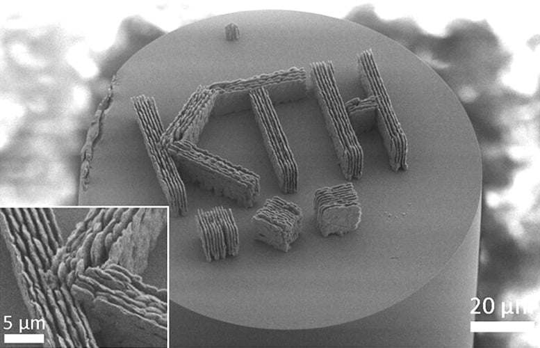 Microscopic image of a demonstration printed glass structure on the tip of an optical fiber