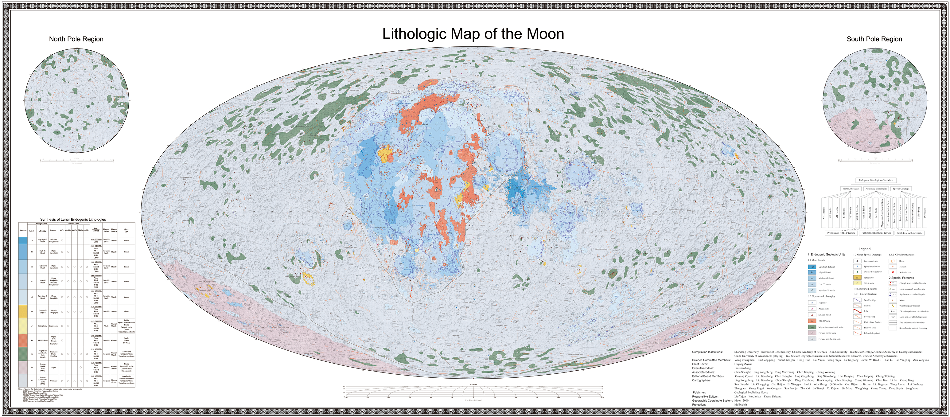 The lithographic map shows the Moon in a new way, with the different types of rock highlighted by their color