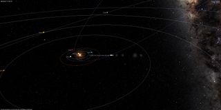 an illustration of the solar system showing a comet approaching Earth in a wide arc.  It is currently between the circular orbits of Mars and Jupiter