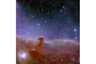 A mass of fuzzy, reddish gas gathers at the bottom of the screen, forming a small hook shape to the left. A purple halo of light can be seen at the top, gradually fading into the upper part of the image, revealing a dark area of ​​space with patches of starry light.