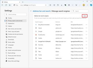 Microsoft Edge manages search engines