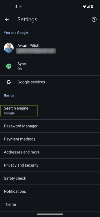 Select a search engine in Chrome settings