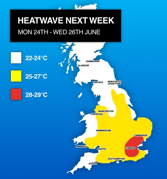 Map of the United Kingdom showing temperatures in each region between Monday 24 and Wednesday 26 June