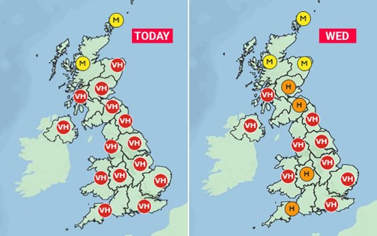 Map for pollen levels today and Wednesday.