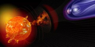 an image of the sun and earth (not to scale), with the sun emitting orange rays that influence a series of blue rays emanating from the earth