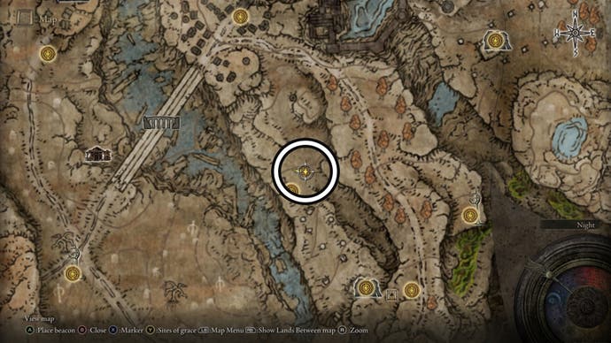 A screenshot of the Revered Spirit Ashes location in Ellac River Cave on the Elden Ring's Shadow of the Erdtree map.