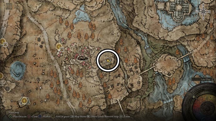 A screenshot of the Revered Spirit Ashes location east of the Moorth Ruins on the Elden Ring's Shadow of the Erdtree map.