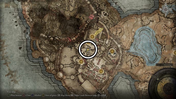 A screenshot of the Grace Revered Spirit Ashes fortress site in the Belurat Tower settlement on the Elden Ring Shadow of the Erdtree map.