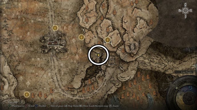 A screenshot of the Revered Spirit Ashes location east of the Scorched Ruins on the Elden Ring's Shadow of the Erdtree map.