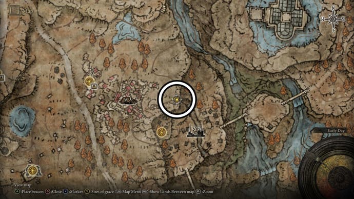 A screenshot of the Revered Spirit Ashes location between Moorth Ruins and Bonny Village on the Elden Ring's Shadow of the Erdtree map.