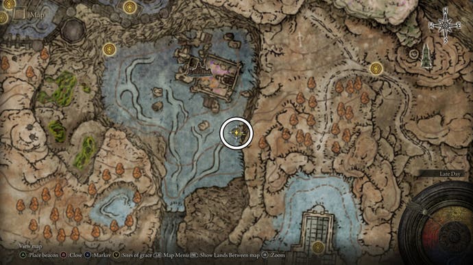 A map screen from Shadow of the Erdtree showing the location of a revered Spirit Ash near the Ruins of Unte