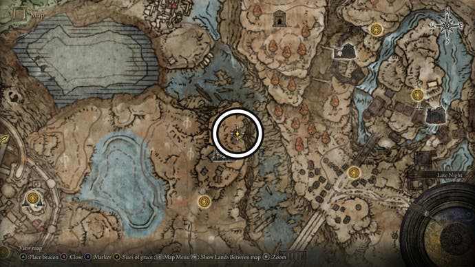 A screenshot of the Revered Spirit Ashes location in the Abandoned Foreboding Village on the Elden Ring's Shadow of the Erdtree map.