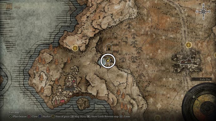 A map screen from Shadow of the Earthtree showing the location of a revered Spirit Ash in the Gravesite Plain near Prospect Town.