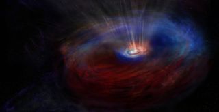 a black hole in space, surrounded by colorful gases