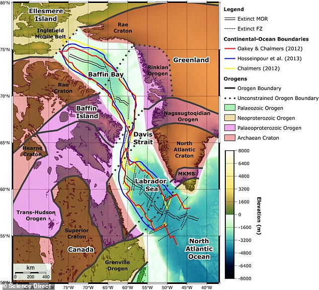 The research team used maps created from gravity and seismic reflection data showing images of the Earth's subsurface, using sound waves to determine the age and location of fault lines. Pictured: An overview of the tectonic plates in the Davis Strait