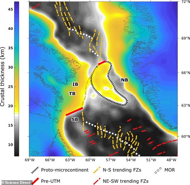 Researchers from the University of Derby reconstructed the plate tectonic movements of the area when they discovered a thick crust stretching for nearly 250 miles beneath the Davis Strait. Pictured: The Davis Strait proto-microcontinent lies underwater in the Davis Strait