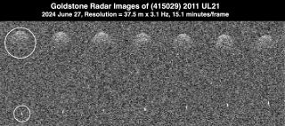 a grainy image of the same space rocket shown from different angles in a grainy sea of ​​black and white.